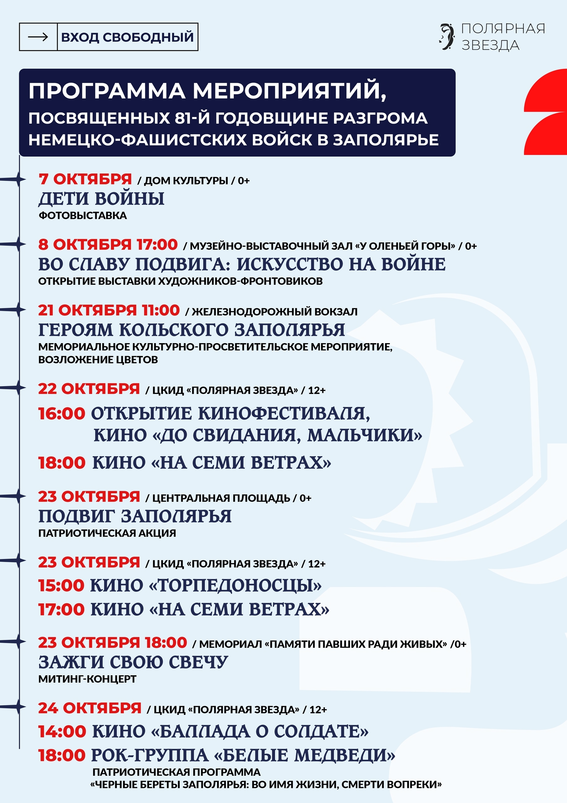 АФИШа мероприятий, посвящённых 81-ой годовщине разгрома немецко-фашистских войск в Заполярье